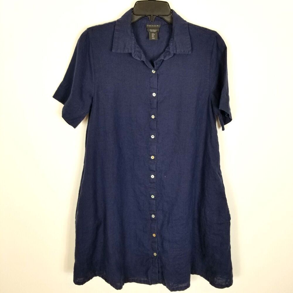 Tahari Women Organic Linen Button Front‎ Mini Dress Size S Navy Short Sleeve